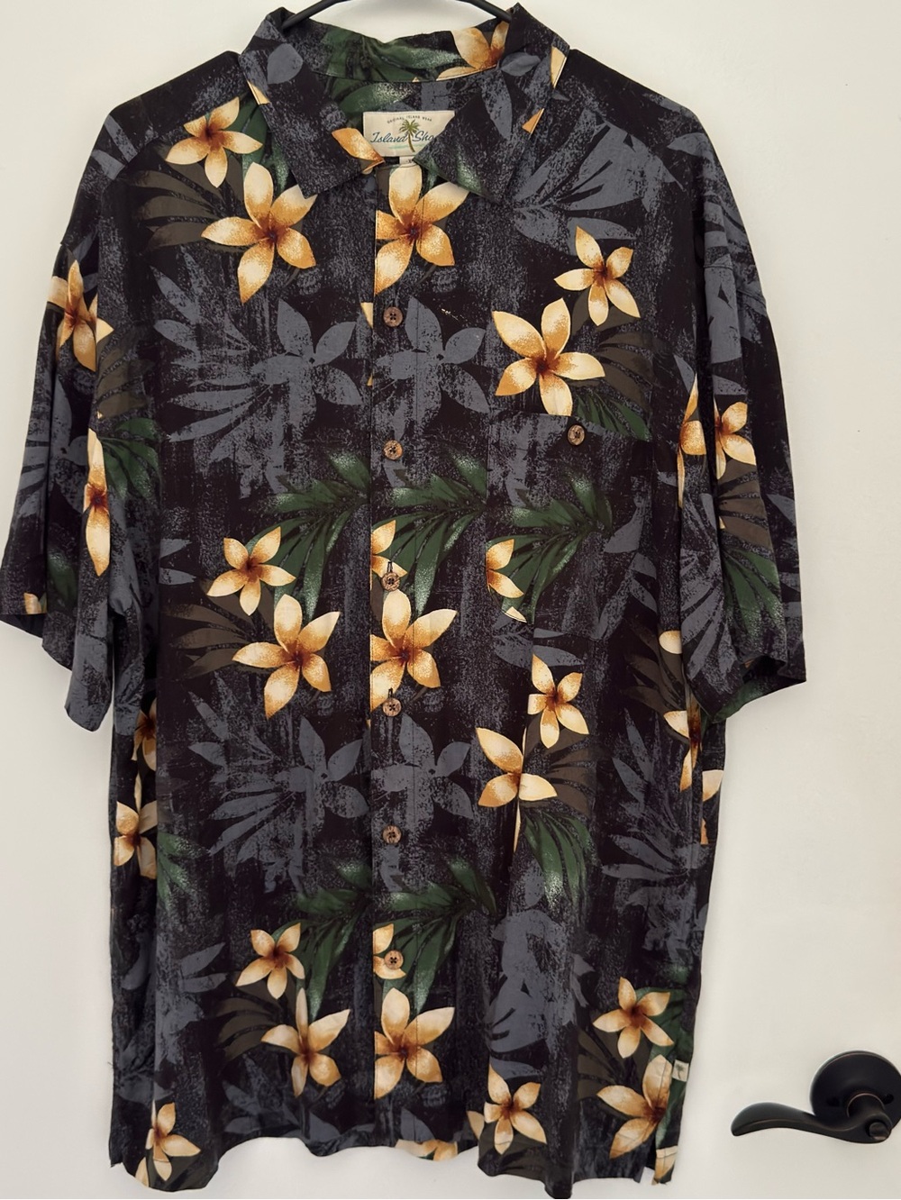 Tropical Floral Button-Down Shirt - Black with Yellow Blooms resort travel